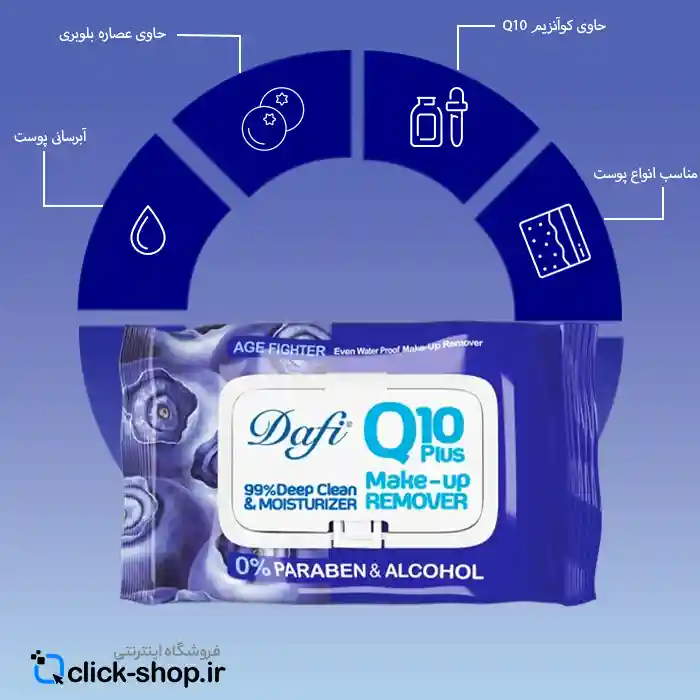 01 دستمال مرطوب پاک کننده آرایش دافی مدل Q10 طرح بلوبری 50 عددی